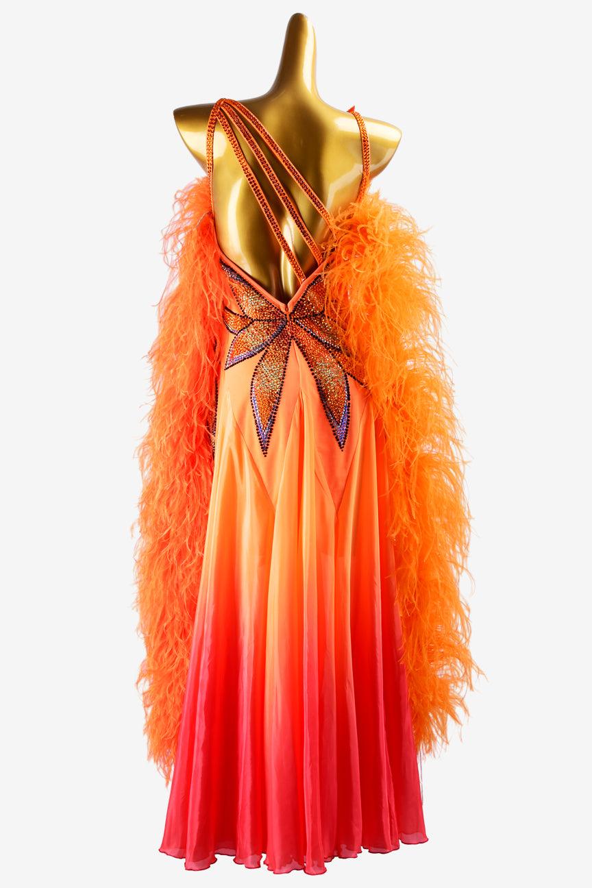 Permino orange lycra Standard dress with shaded pearl chiffon underskirt, rhinestone applique & feather boas - PerminoDesign