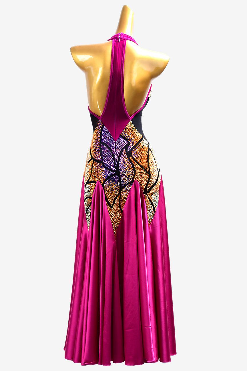 Permino mediumvioletred Smooth dress with stretch satin underskirts with gold shaded purple rhinestone - PerminoDesign