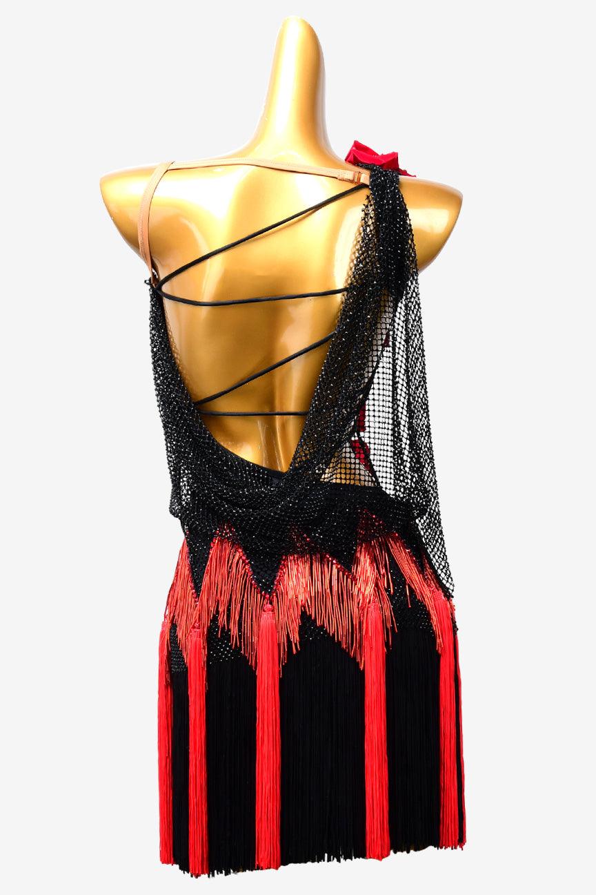 Permino black crystal fishnet Latin dress with red beaded fringes, rhinestones & flower appliques