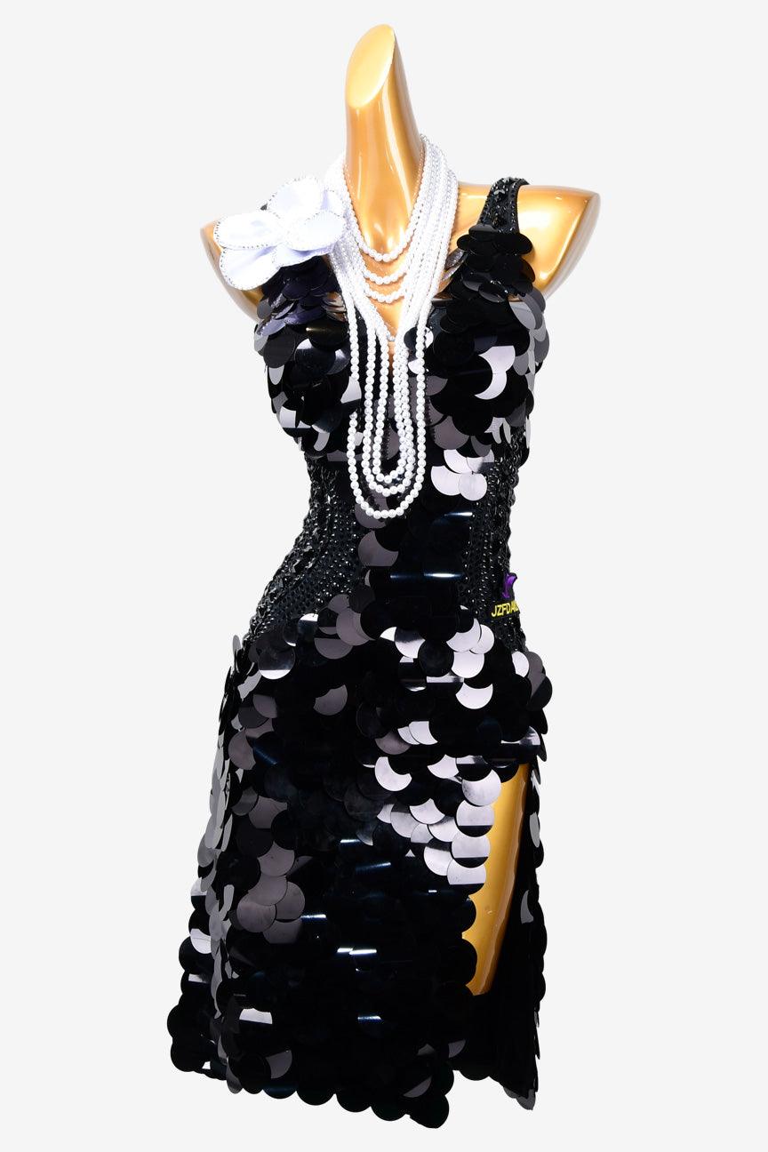 Permino black Latin dress with black sequins, white beadings & flower appliques, rhinestones & sew-on stones - PerminoDesign