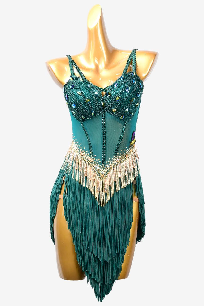 Permino lake green Latin dress with beaded fringe, rhinestone and fringe - PerminoDesign