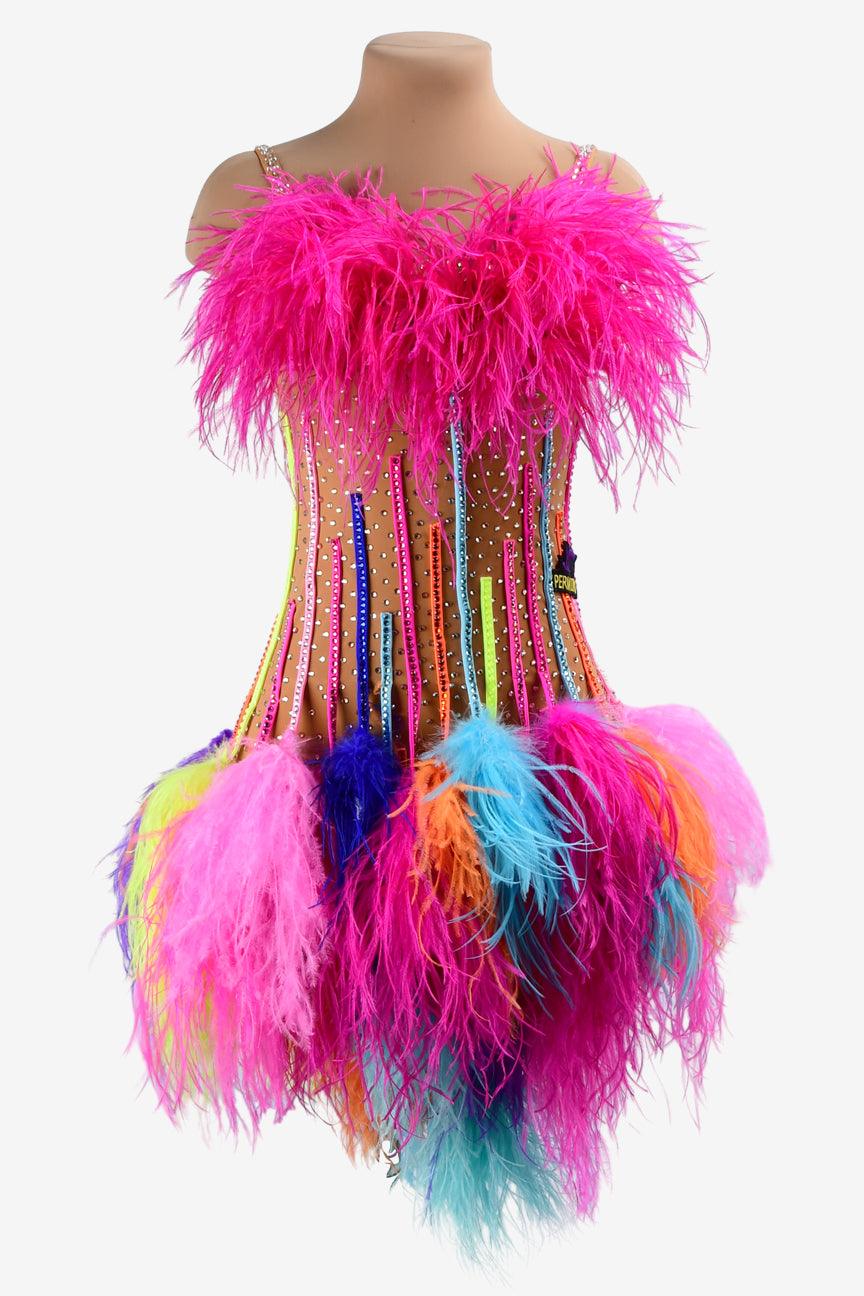 Permino fleshtone matt lycra Latin dress with rhinestones, colorful feathers underskirts & stone fringes - PerminoDesign