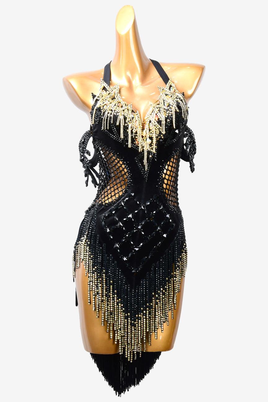 Permino black Latin dress with rhinestone, fishnet, fringe and stone fringes - PerminoDesign