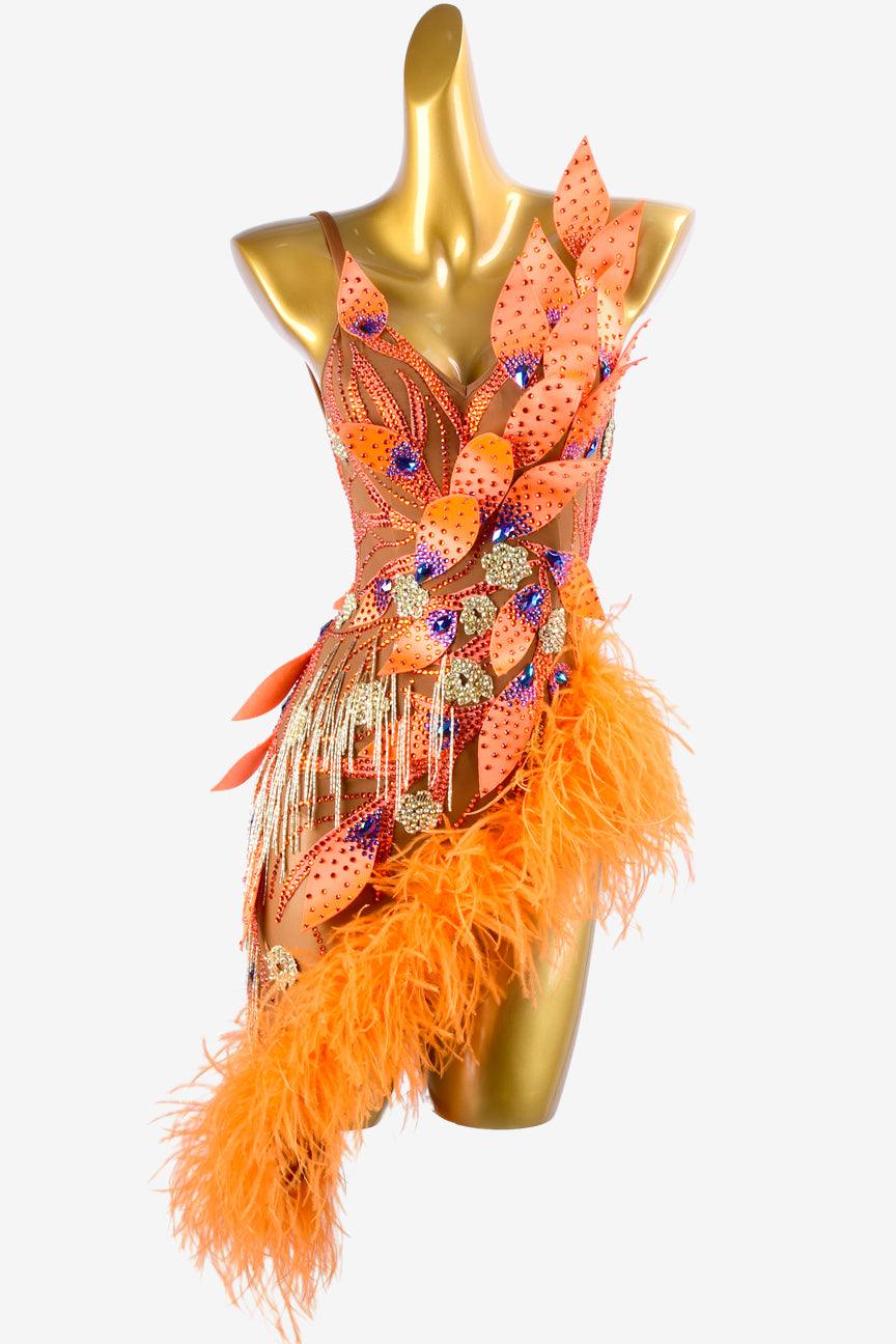 Permino sun oranger mesh Latin dress with rhinestone applique, beaded fringes, feathers & crystals - PerminoDesign