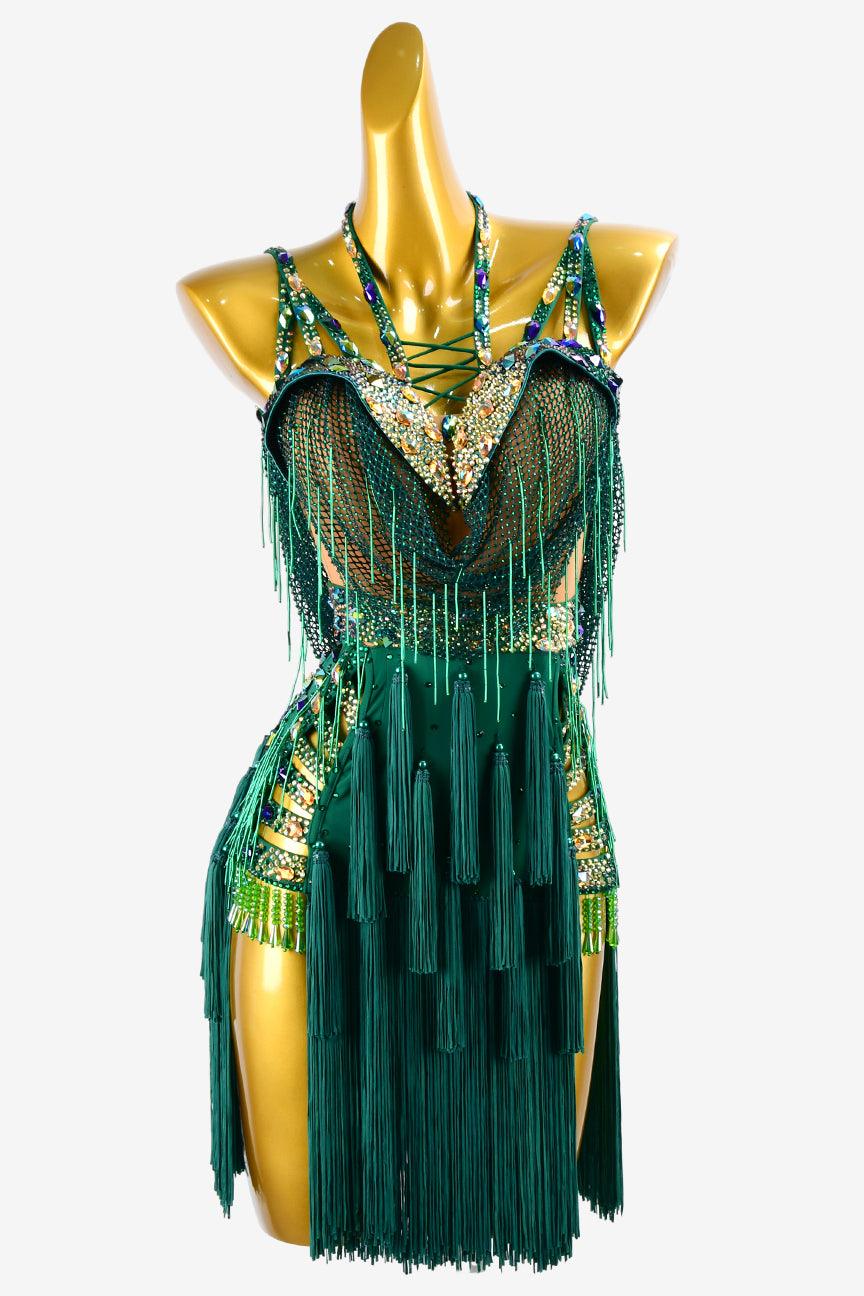 Permino turquoise green Latin dress with beaded fringe, crystal fishnet, tassels and AB stones - PerminoDesign