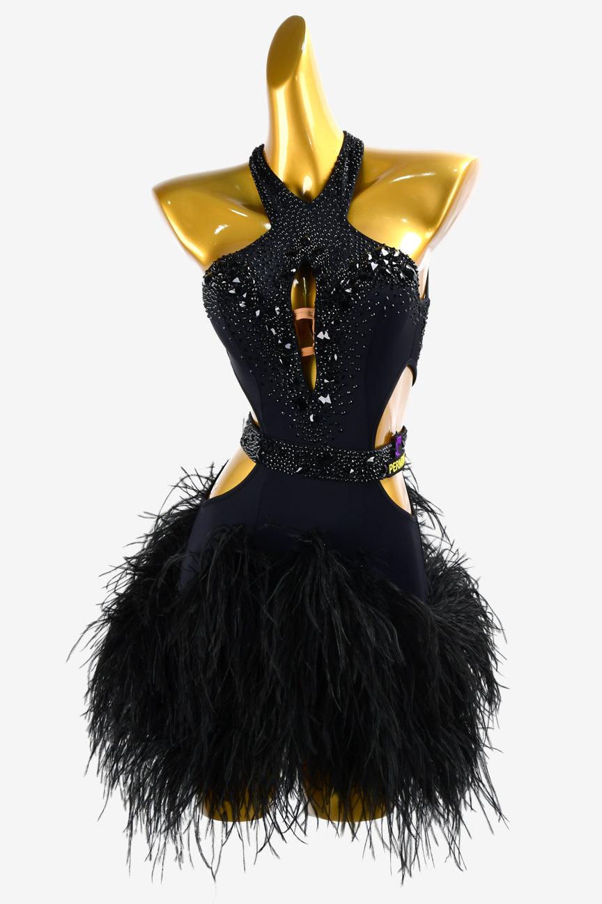 Permino black Latin dress with feather and AB stone - PerminoDesign