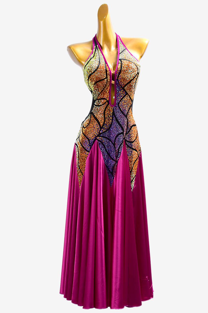 Permino mediumvioletred Smooth dress with stretch satin underskirts with gold shaded purple rhinestone - PerminoDesign