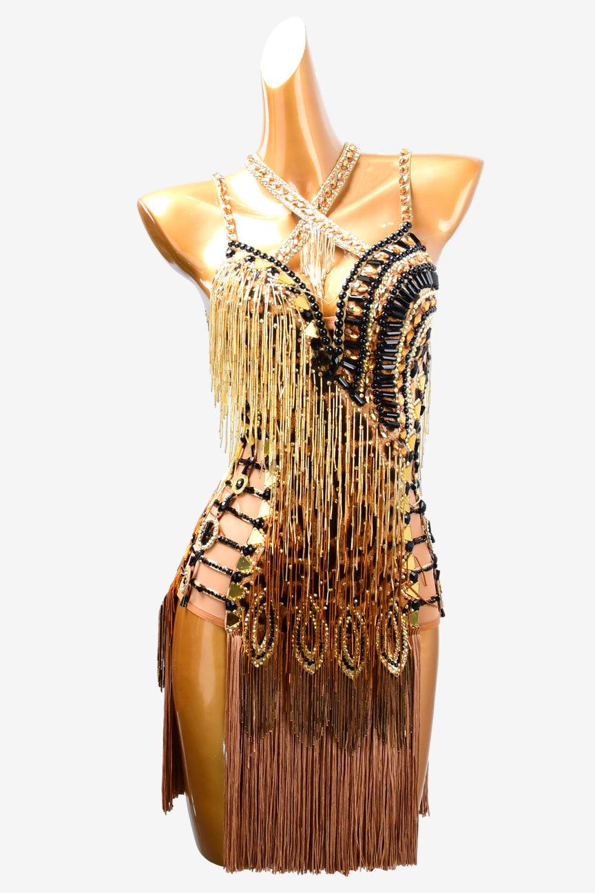 Permino pumpkin color Latin dress with beading, beaded fringe, fringe and rhinestone - PerminoDesign