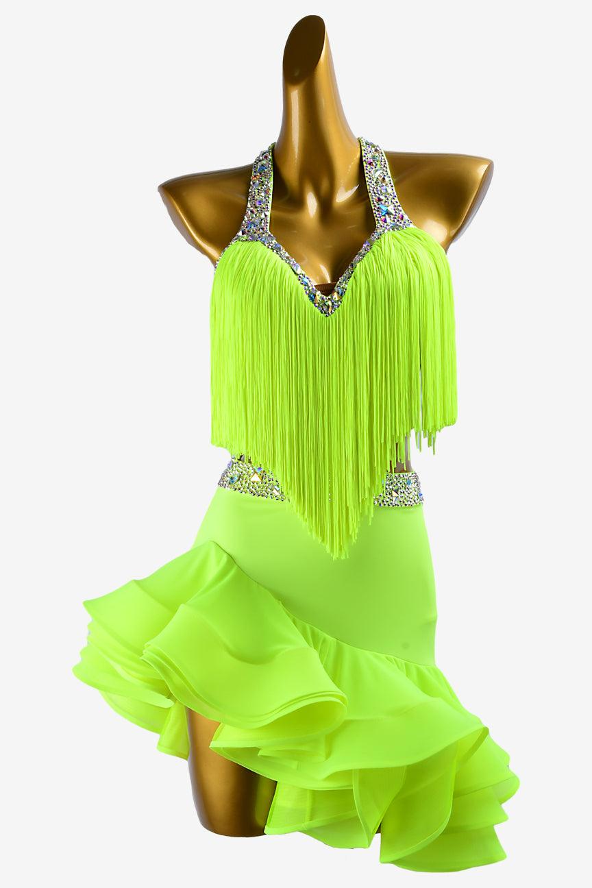 Permino light lime green matt lycra Latin dress with fringes, AB stones & sew-on crystals - PerminoDesign