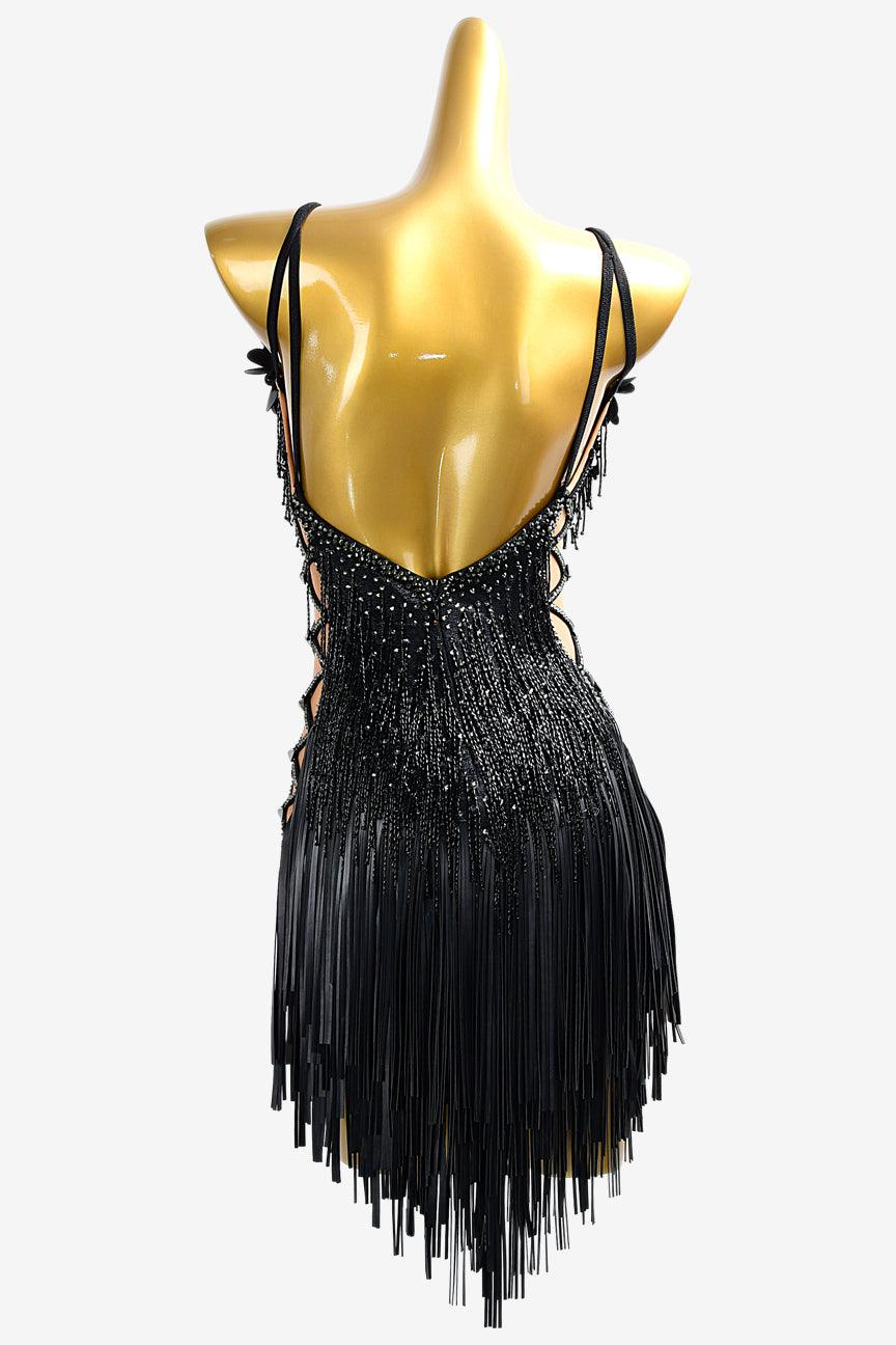 Permino black matt lycra Latin dress with leather fringes, rhinestones, beaded fringes & flower appliques - PerminoDesign