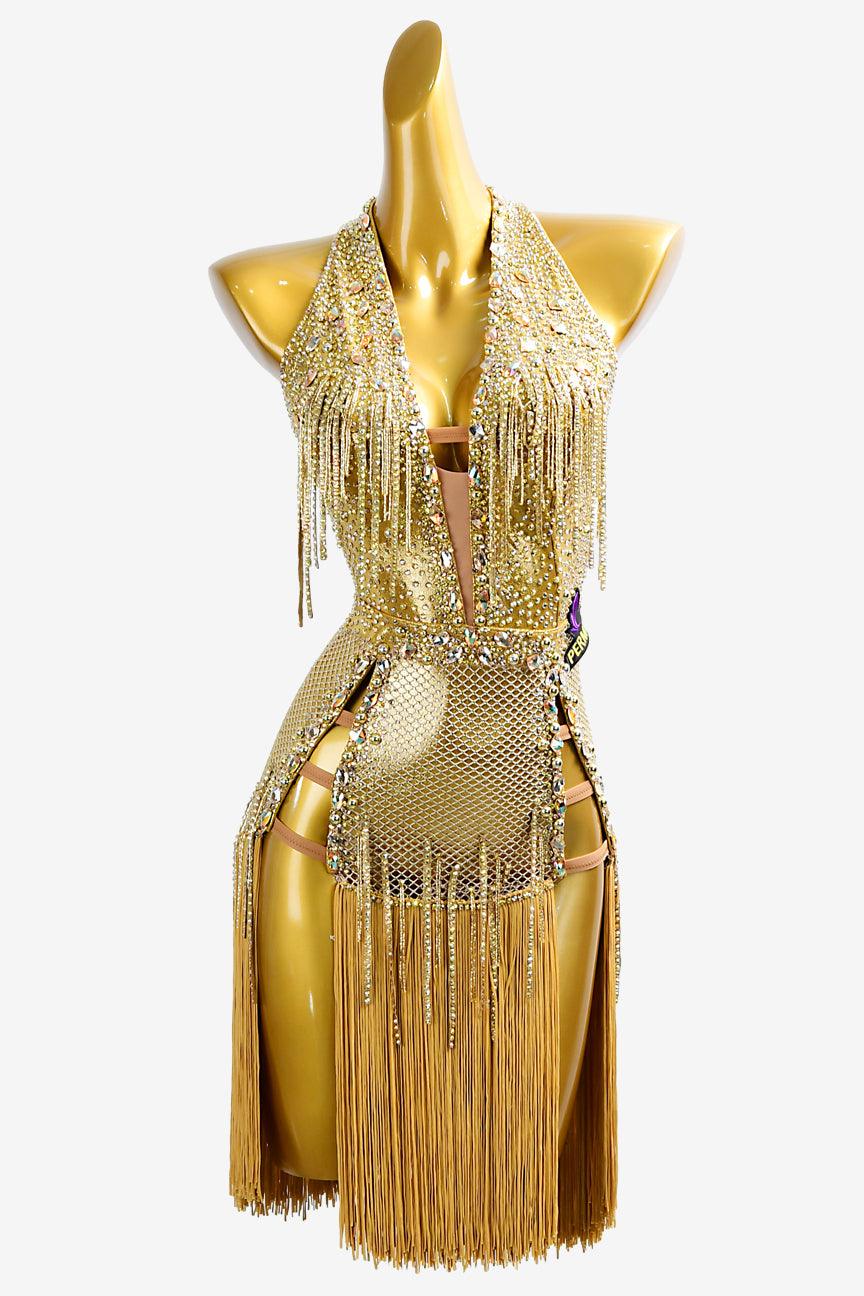 Permino gold sequin Latin dress with stone fringes, AB stones and fringes - PerminoDesign