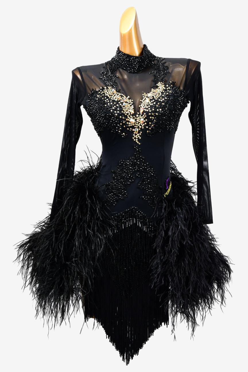 Permino black Latin dress with AB stone, fringe, beading and feather - PerminoDesign