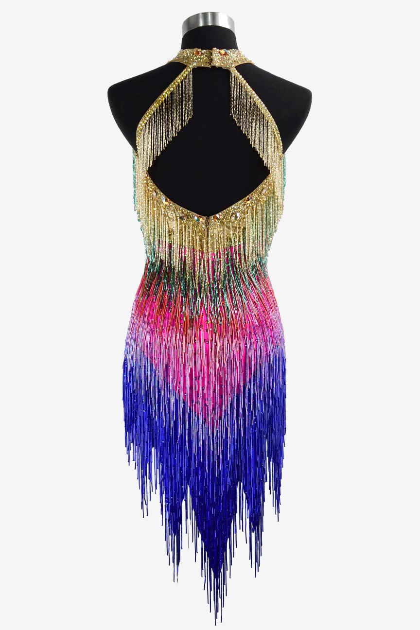 Permino colorful Latin dress with beaded fringe and crystal AB - PerminoDesign