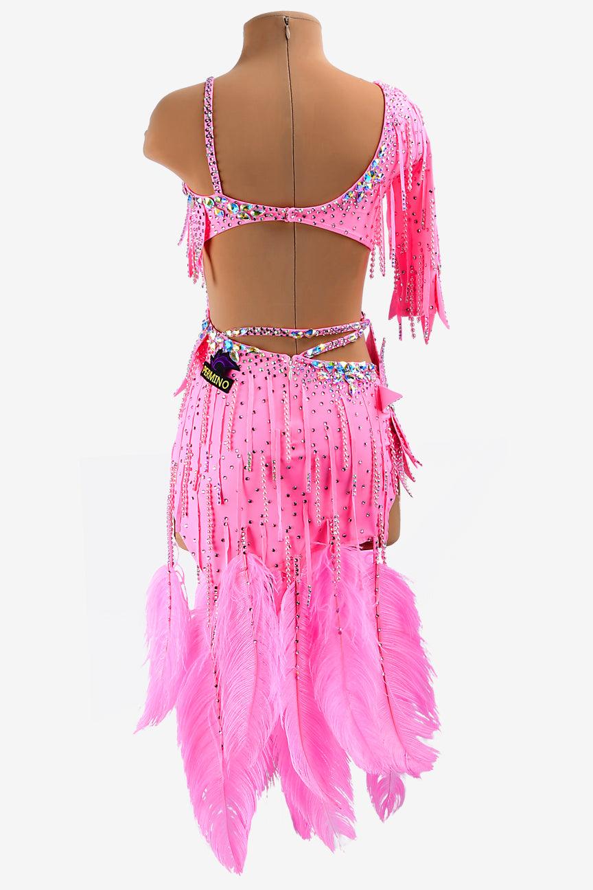 Permino pink lustre lycra Latin dress with stone fringes, feathers, AB crystals & sew-on stones - PerminoDesign