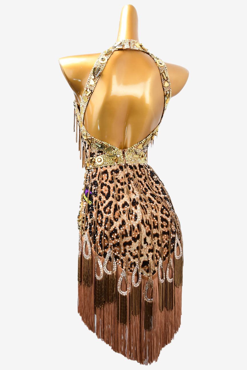 Permino leopard print lycra rhythm dress with beaded fringes,brown fringegs, gold crystals & rhinestones - PerminoDesign