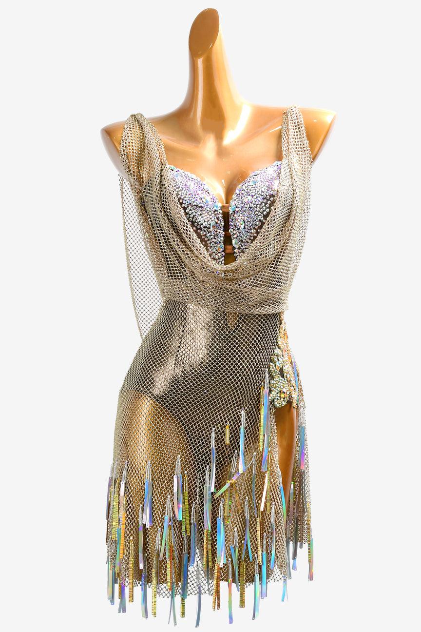 Permino fleshtone dot shine lycra Latin dress with gold crystal fishnet, lace appliqués, crystals AB & sequins - PerminoDesign