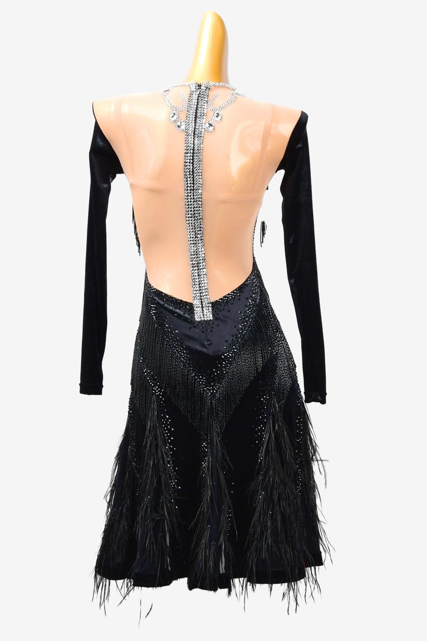 Permino black Latin dress with beaded fringe, rhinestone and feather