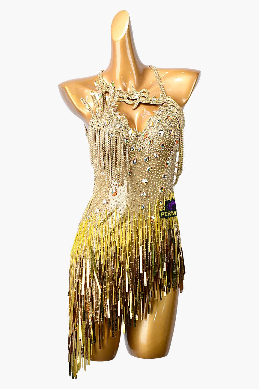 Permino khaki Latin dress with stone fringes, sequin and rhinestone - PerminoDesign