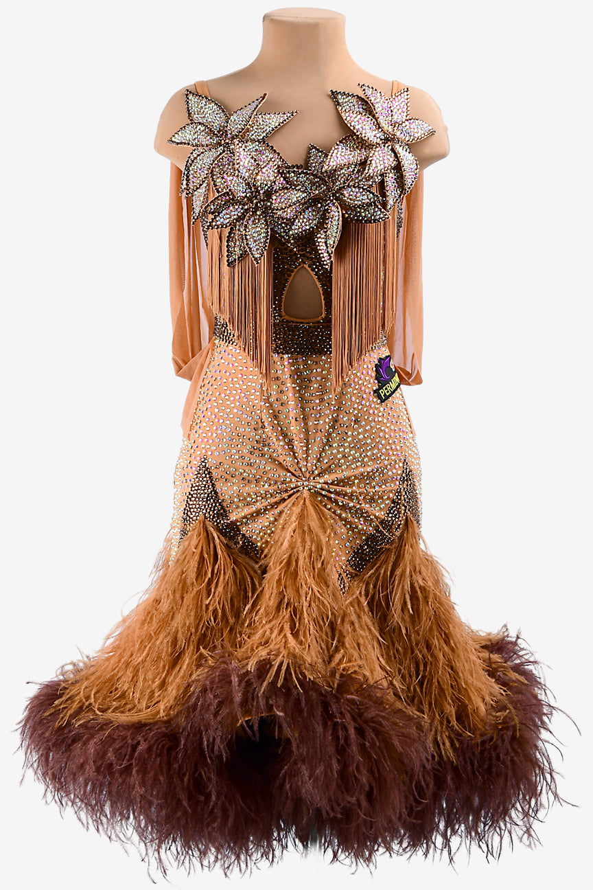 Permino fleshtone lycra Latin dress with draped ruching mesh, feathers & crystal AB - PerminoDesign