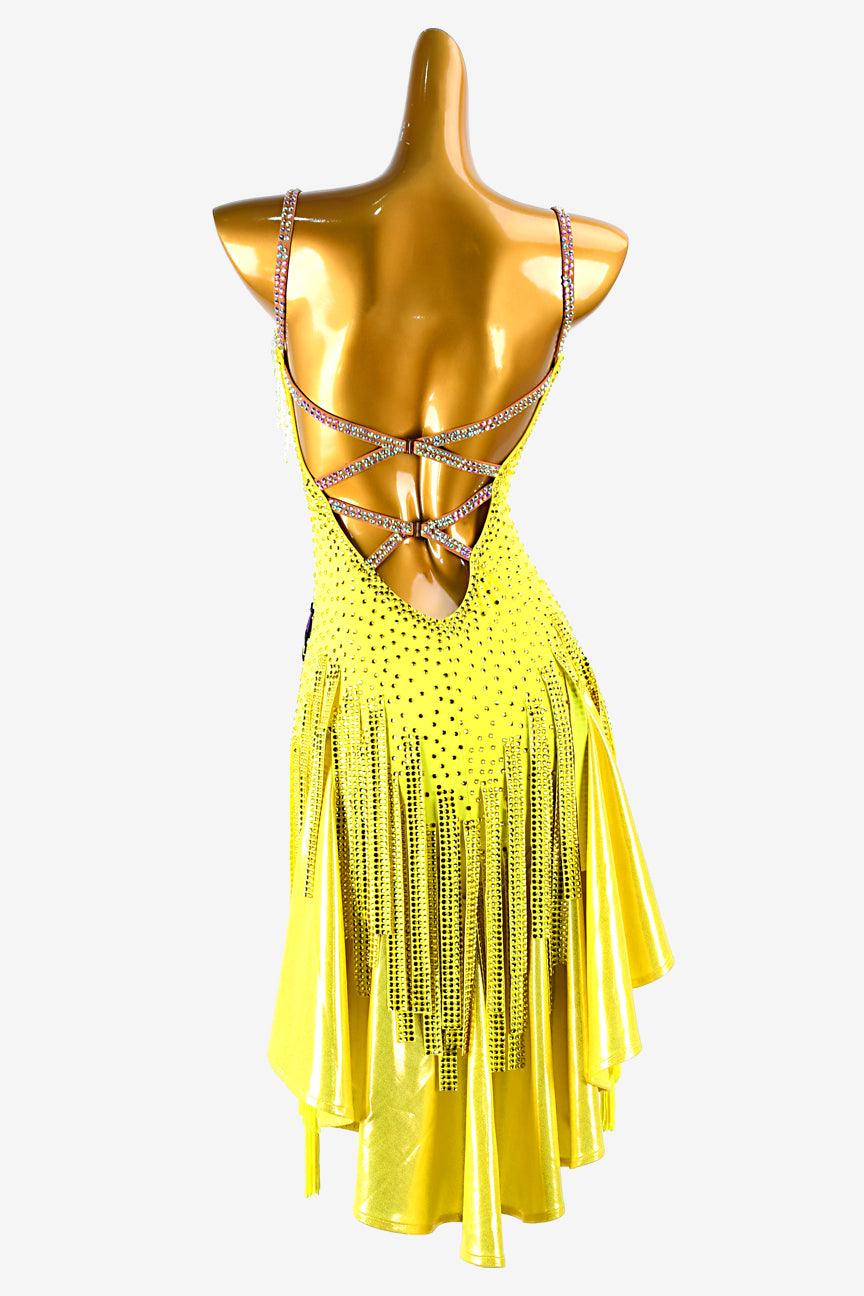 Permino yellow lustre lycra backless Latin dress with stone fringes and white beaded fringes - PerminoDesign