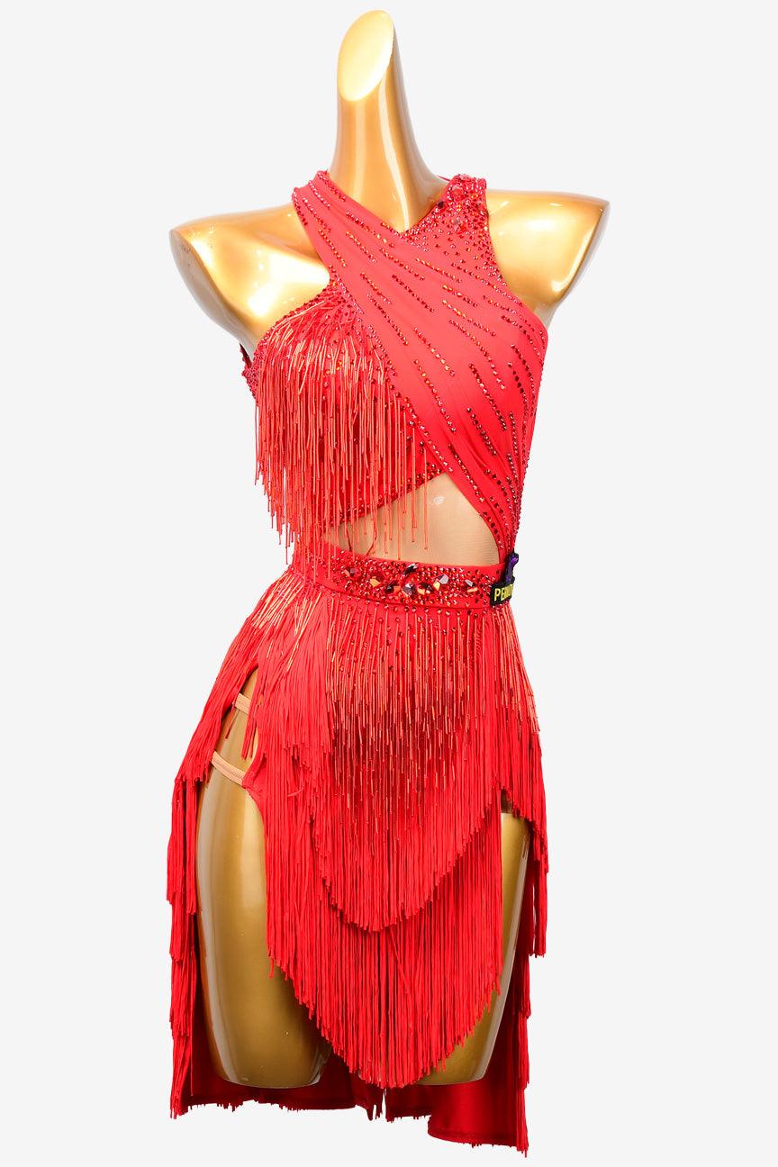 Permino vermilion Latin dress with fringe, beaded fringe and AB stone - PerminoDesign