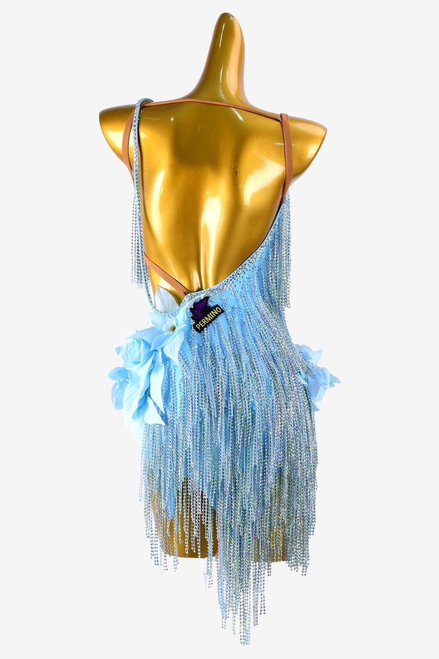 Permino sky blue matt lycra Latin dress with crystal AB, flower appliques & crystal fishnet fringes - PerminoDesign