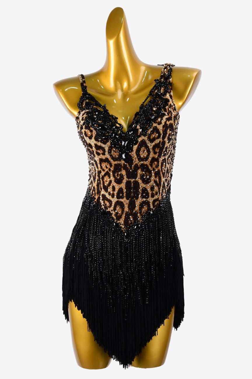 Permino leopard print matt lycra Latin dress with stone fringes, lace appliqués, sew-on stones, crystal AB & black fringes - PerminoDesign