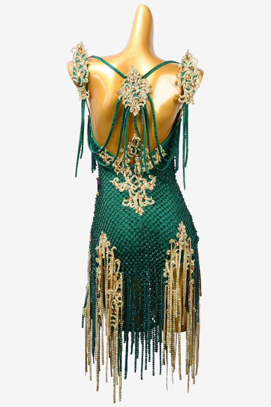 Permino turquoise green Latin dress with stone fringes, crystal AB and fishnet