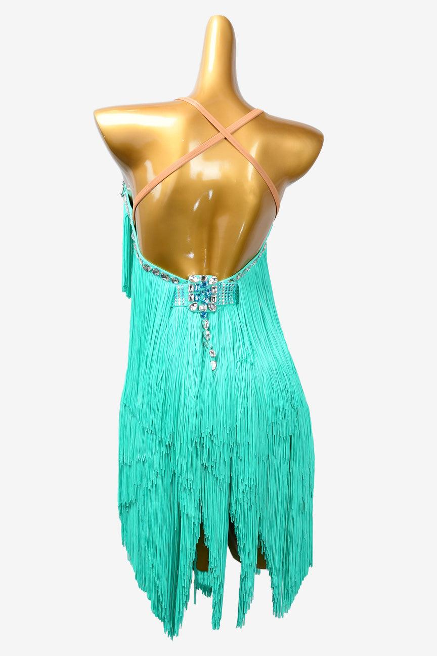 Permino sky blue Latin dress with fringe and rhinestone - PerminoDesign