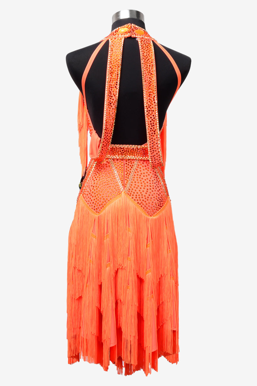 Permino vitality orange Latin dress with fringe and AB stone - PerminoDesign