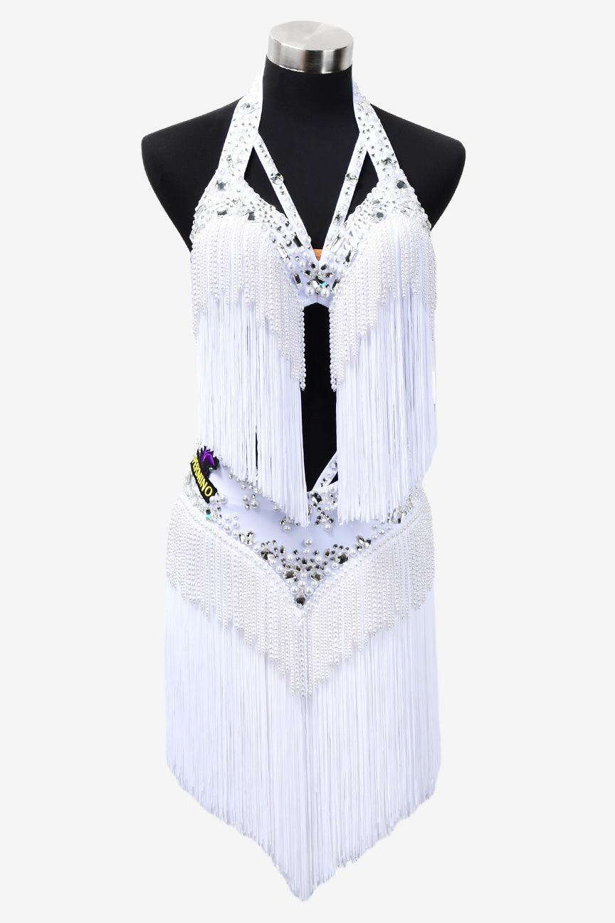 Permino white Latin dress with beading, fringe and rhinestone - PerminoDesign