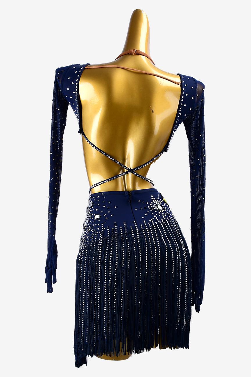 Permino midnightblue mesh Latin dress with stone fringes, fringes, slategray crystals & sew-on stones - PerminoDesign