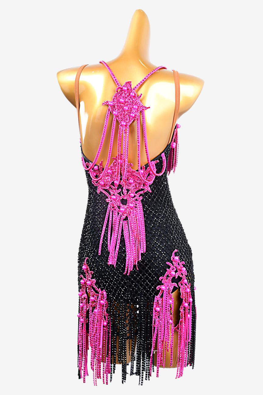 Permino black Latin dress with crystal fishnet, lace appliqués, rhinestones, cerise stone fringes & beadings - PerminoDesign