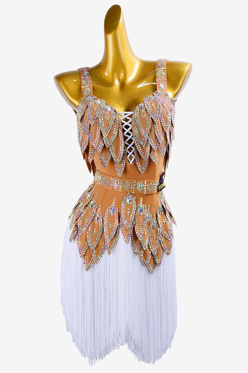 Permino peru matt lycra Latin dress with crystal AB and white fringes - PerminoDesign