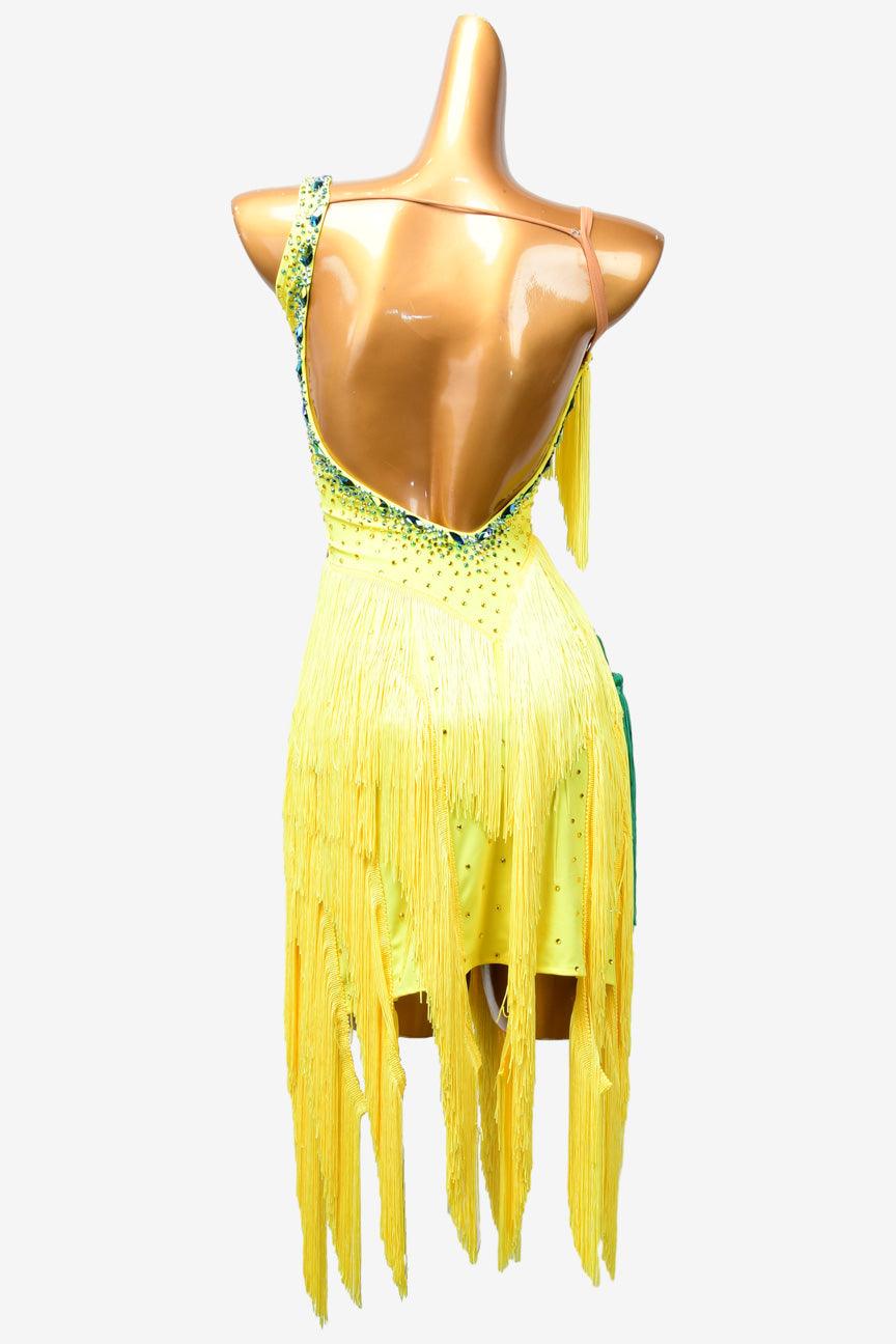 Permino canary yellow Latin dress with fringe and AB stone - PerminoDesign