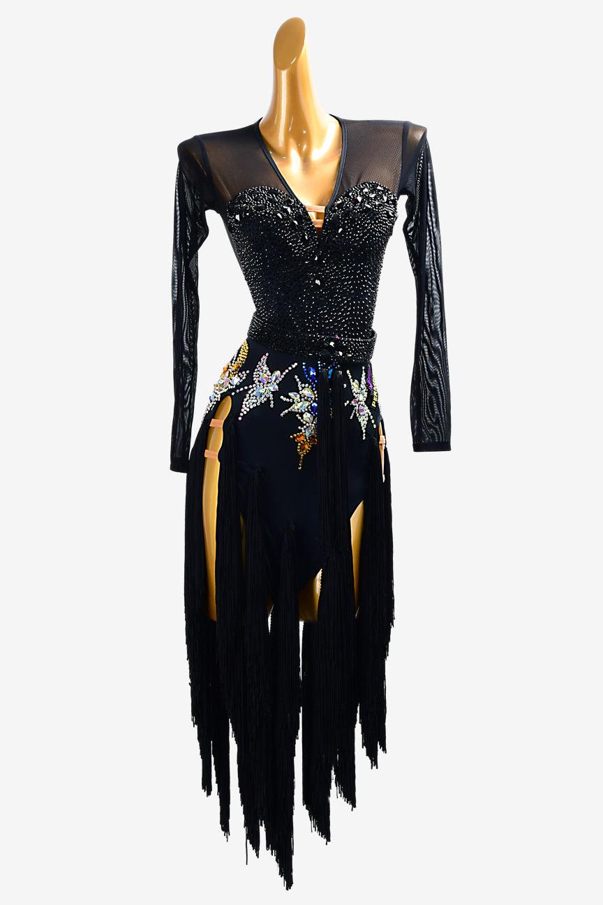 Permino black matt lycra Latin dress with mesh sleeves, fringes & crystal AB - PerminoDesign