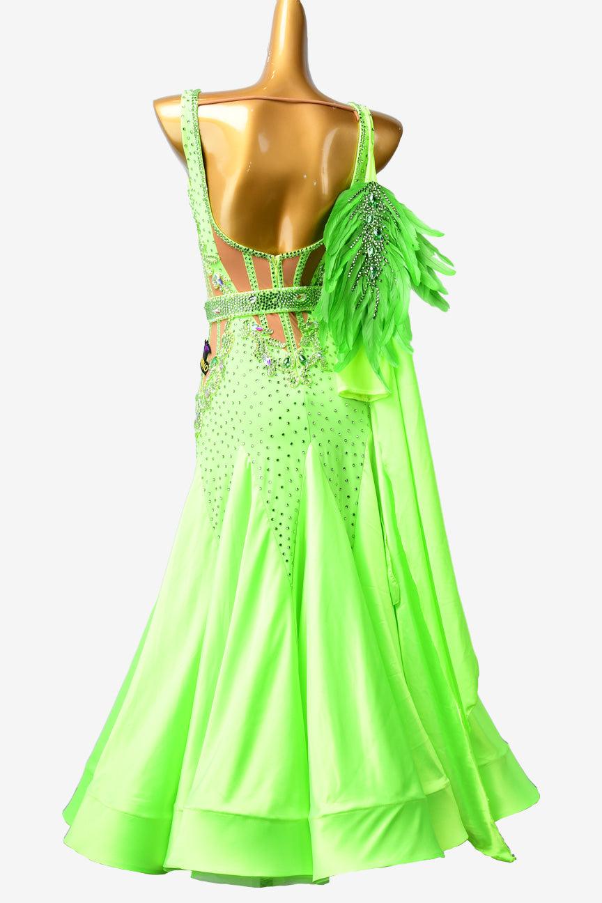 Permino lime green Standard dress with crystals, sew-on stones, lace appliqués & feathers - PerminoDesign