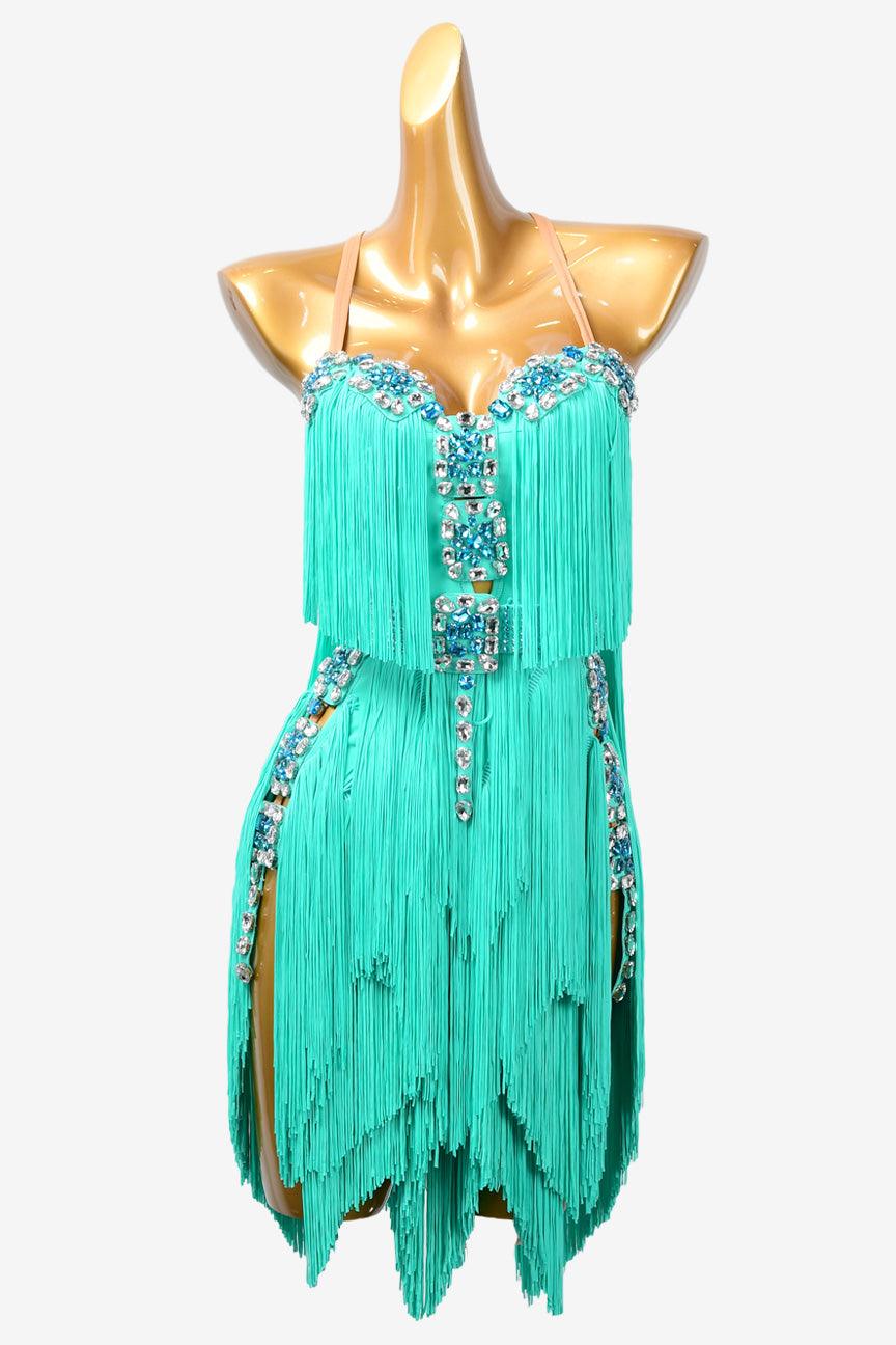 Permino sky blue Latin dress with fringe and rhinestone - PerminoDesign