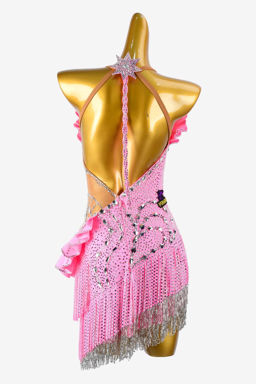 Permino bright pink matt lycra Latin dress with stone fringes, beaded fringes, silver sew-on stones & crystals - PerminoDesign