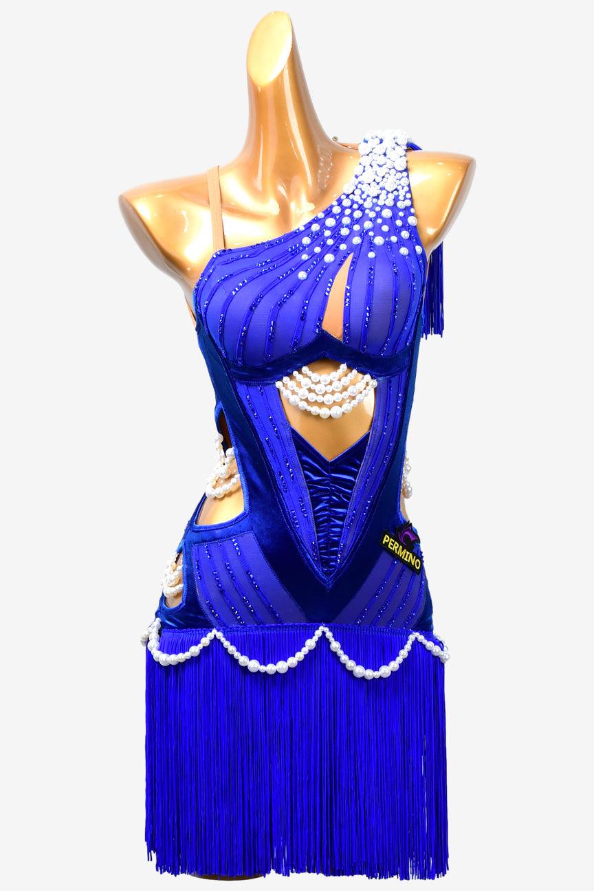 Permino cerulean blue Latin dress with fringe, beading and rhinestone - PerminoDesign