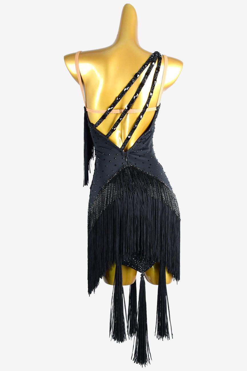 Permino black lustre lycra backless Latin dress with fringes, beaded fringes & rhinestone - PerminoDesign