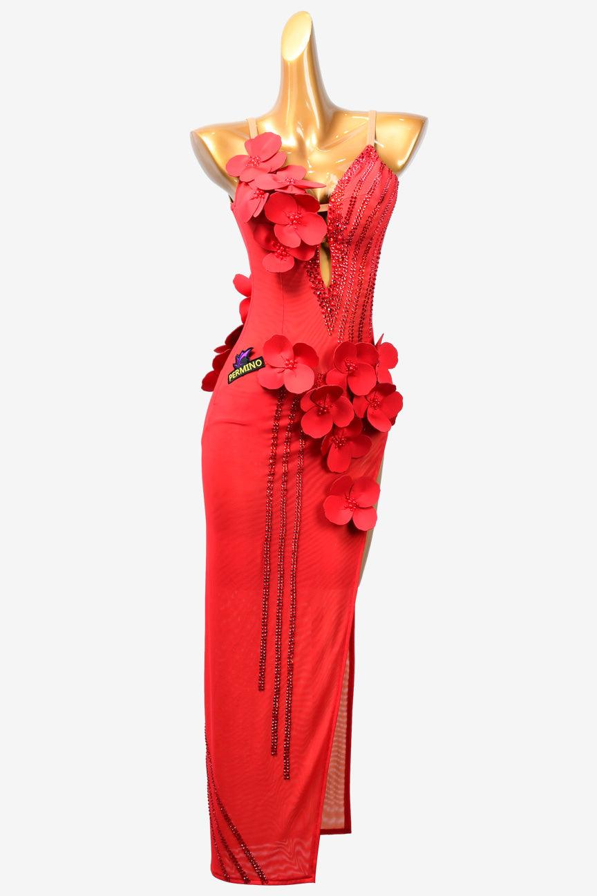 Permino red mesh Latin dress with flower appliques & rhinestones - PerminoDesign