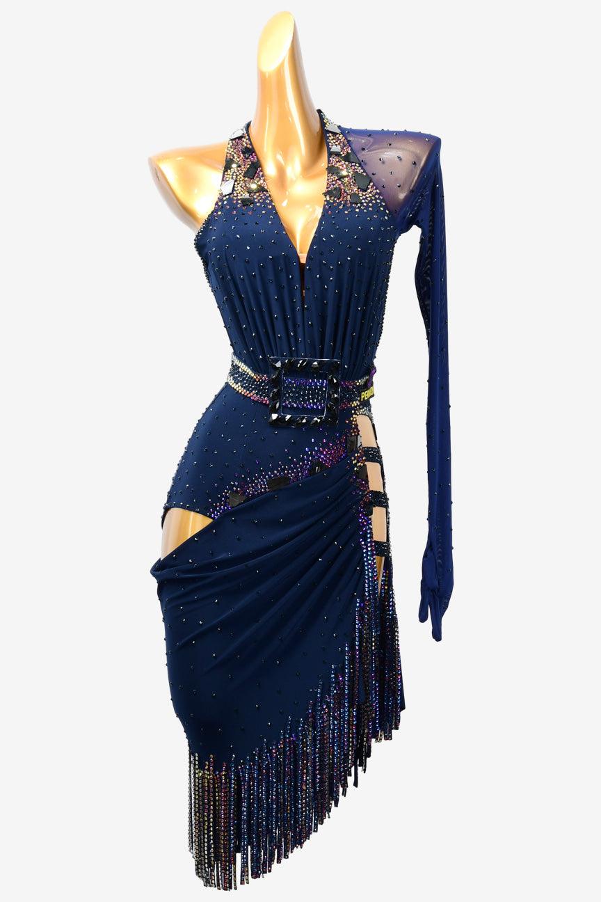 Permino prussuan blue Latin dress with stone fringes and AB stone - PerminoDesign