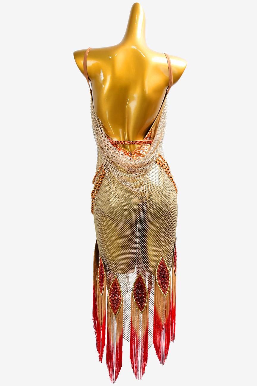 Permino gold crystal fishnet Latin dress with red & fleshtone fringes, gold beadings and crystals - PerminoDesign