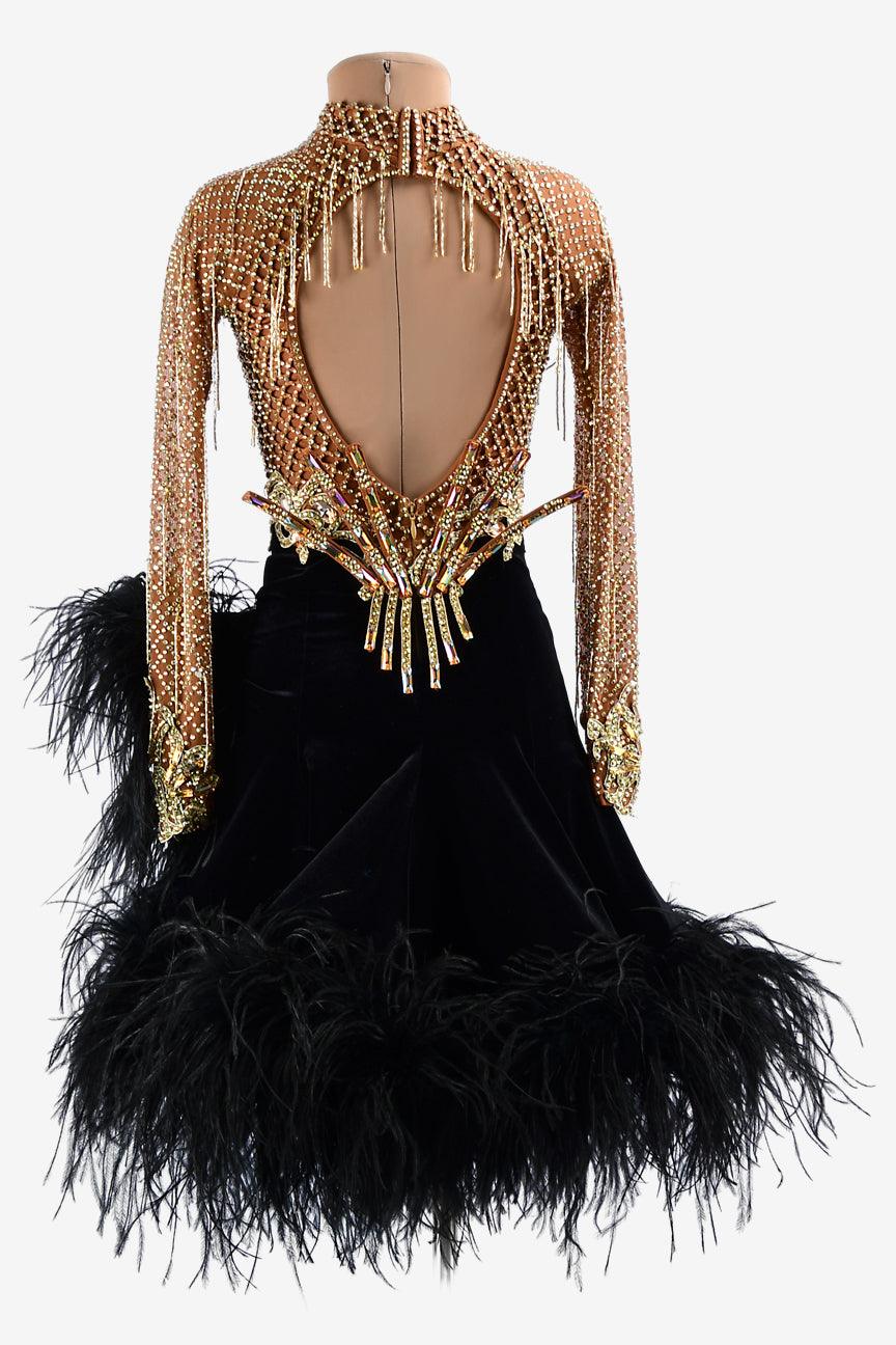 Permino fleshtone crystal fishnet Latin dress with black underskirt & feathers, gold beaded fringes & lace appliqués - PerminoDesign