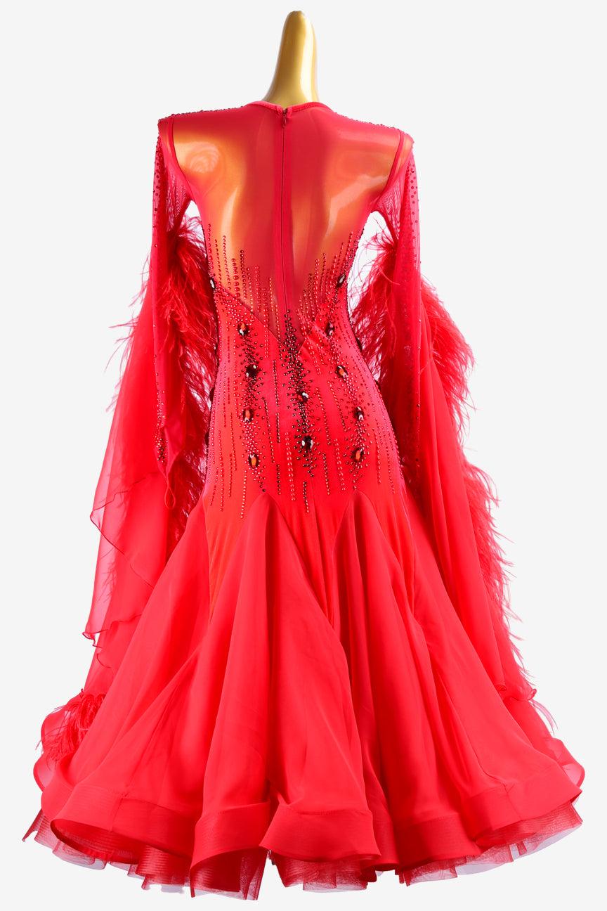 Permino red lycra Standard dress with pearl chiffon underskirt with feathers, crystals & sew-on stones - PerminoDesign