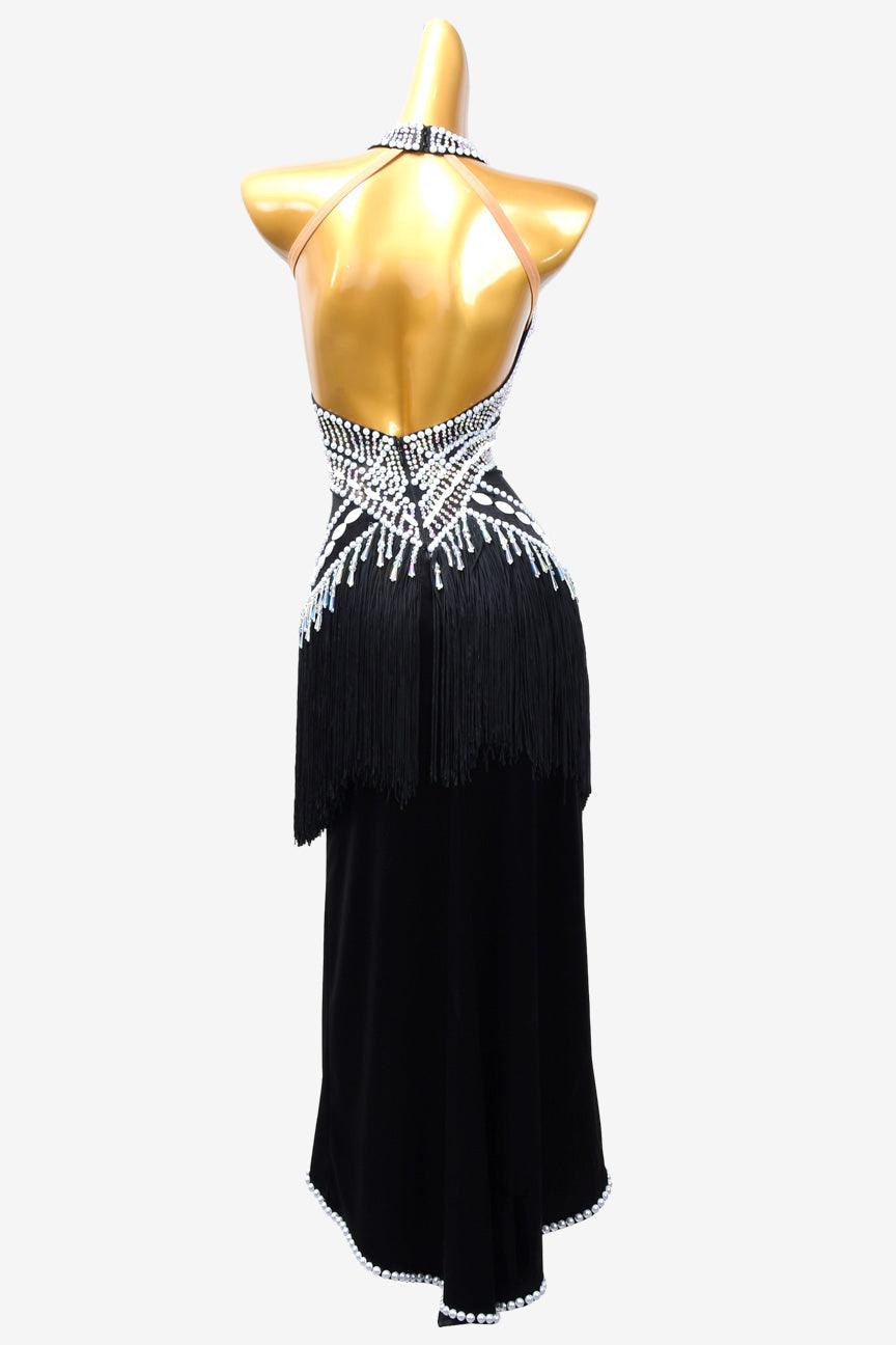 Permino black Latin dress with fringe, beading and rhinestone - PerminoDesign