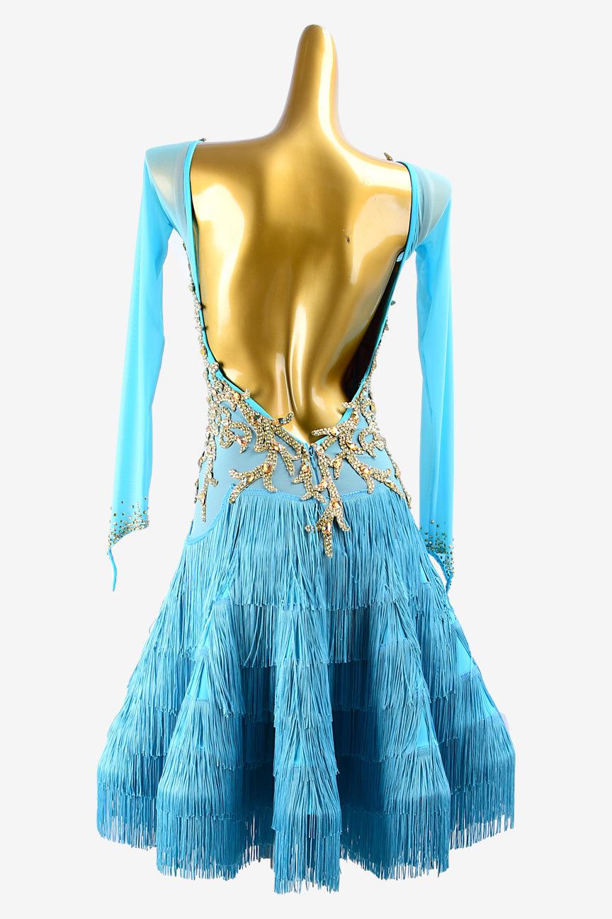 Permino light skyblue mesh Latin dress with fringes, gold lace appliqués, AB sew-on stones & crystals - PerminoDesign