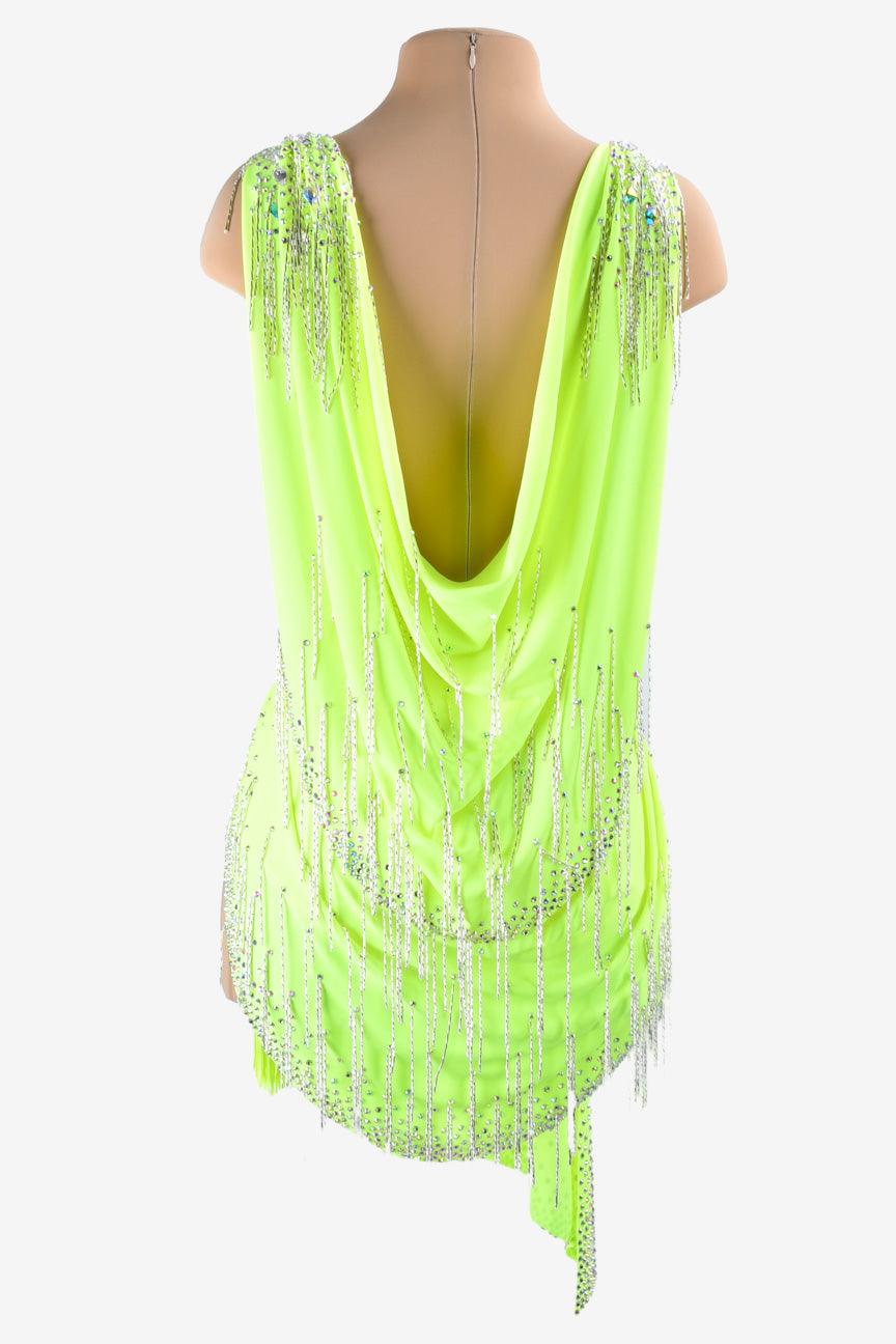 Permino light lime green Latin dress with stone fringes, tassels  and AB stone - PerminoDesign