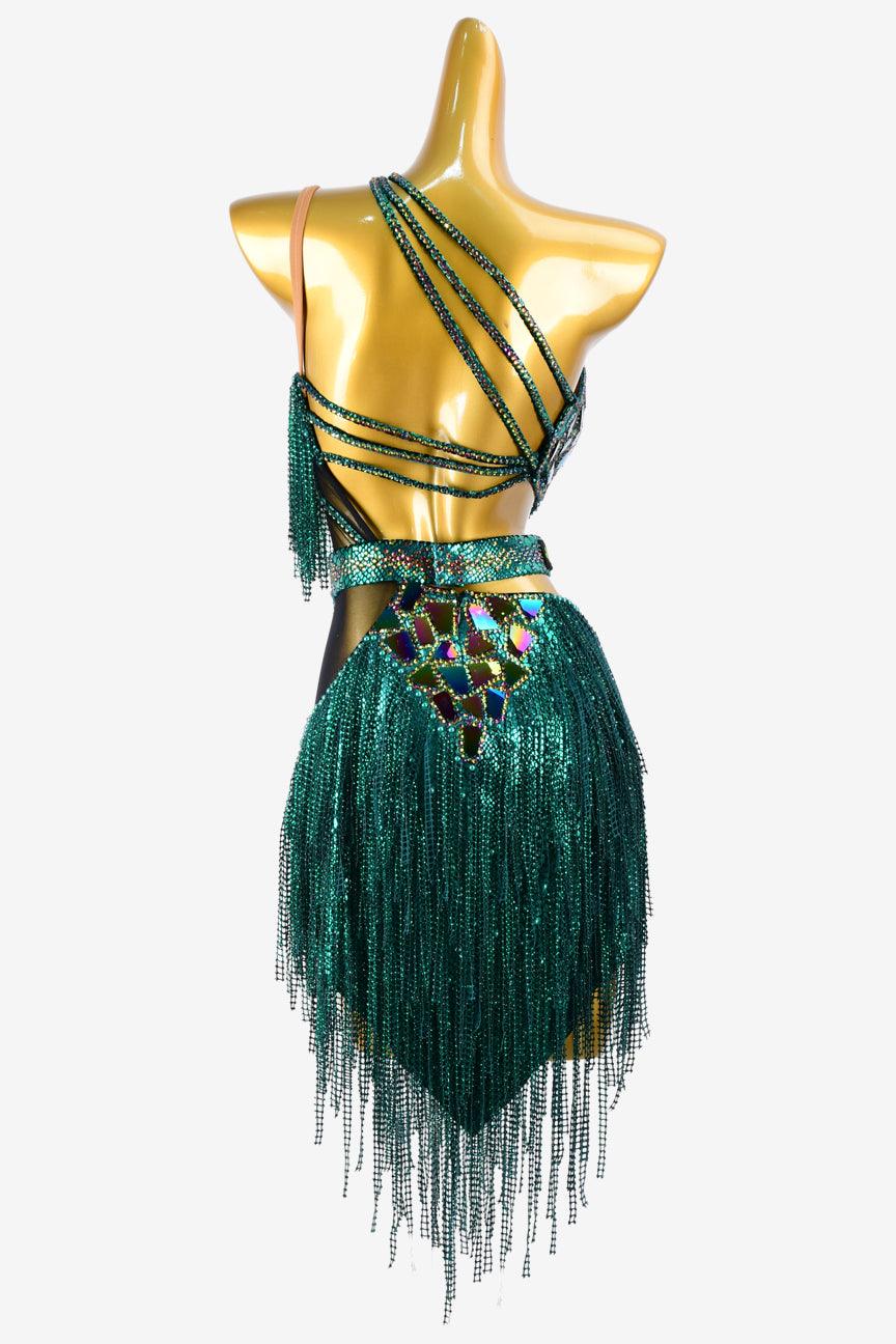 Permino dack green Latin dress with AB stone, crystal fishnet fringes & mirror stones - PerminoDesign